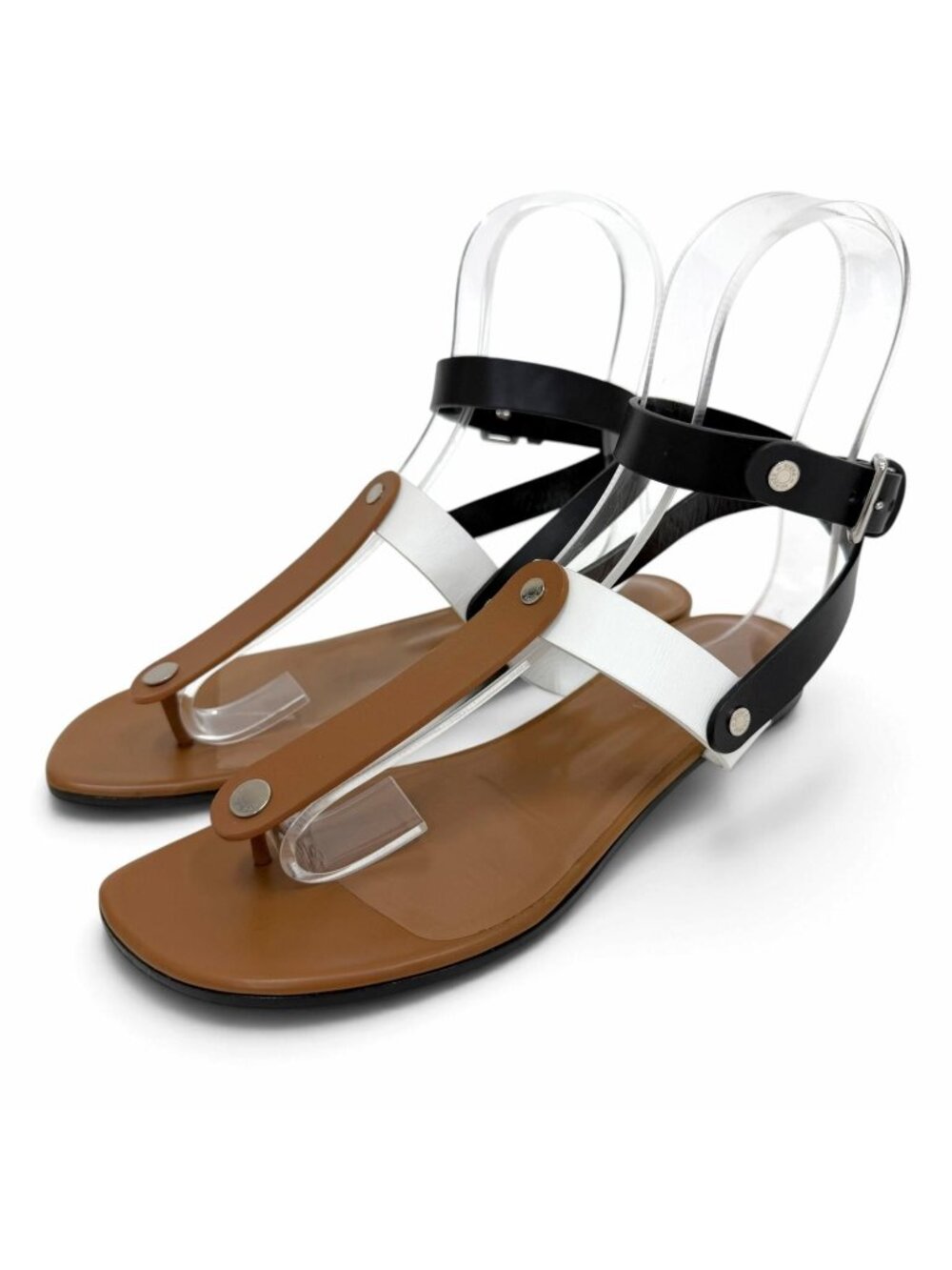 Hermes Silver Sellier Buttons Ankle Strap Leather Thong Sandals Brown White